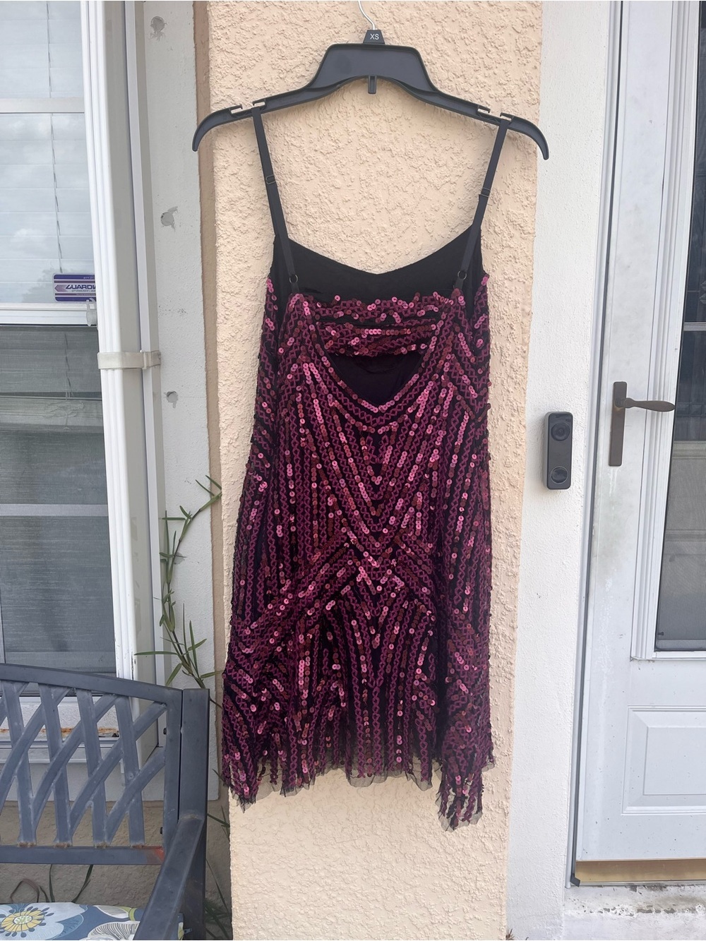 Sequin Cocktail Dress Burgundy Plum Geometric Open Back Fringe Hem Party Dress - Picture 8 of 10